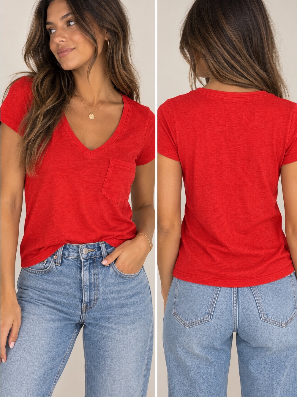 Madewell Red V-Neck Pocket Tee